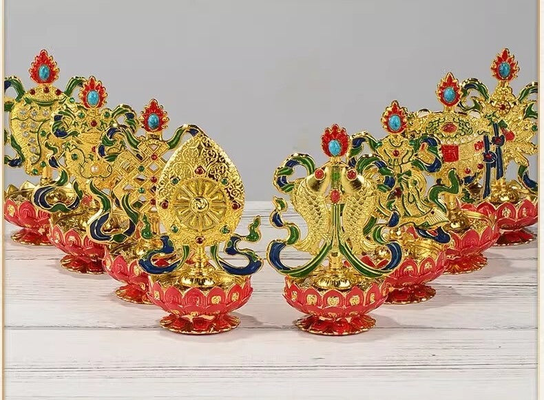 8 Pcs Tibetan Buddhist Eight Auspicious Symbols Lotus Base Statue Home Decor