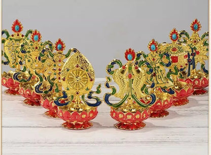 8 Pcs Tibetan Buddhist Eight Auspicious Symbols Lotus Base Statue Home Decor