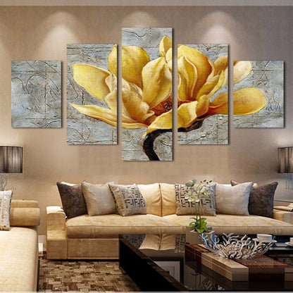 Yellow Lotus Flower Painting 5 Panel Canvas Print Wall Art Poster Home Decor