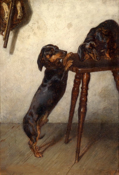 Classical oil painting lovely animals two dogs playing together Hand painted art