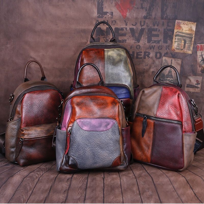 Cowhide Retro Style Genuine Leather Backpack Small School Knapsack Bag 20L Brown