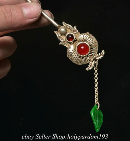 7.2" Old Chinese Silver Inlay Gems Fengshui Double Fish hair clasp Statue