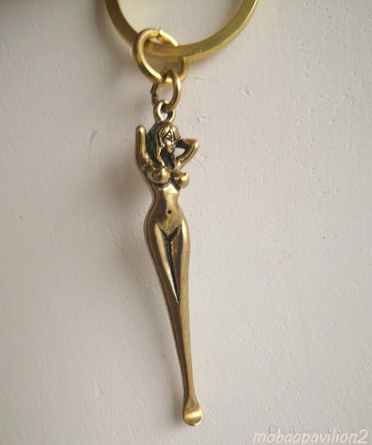 Brass Naked Girl Statue Earpick Keyring Collectible Belle Handwork Ring Decor