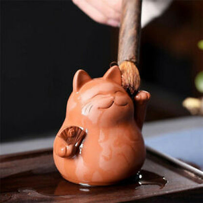Chinese Purple Clay Tea Pet Cat Lucky Wealth Maneki Kungfu Tea Pet Home Decor