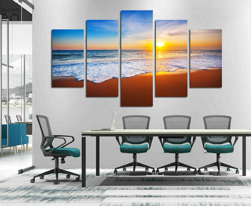 Seascape Sunrise Beach Wave 5 Pieces Canvas Wall Art Picture Poster Home Decor