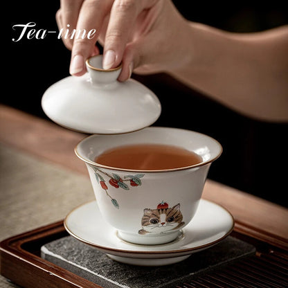 170ml Chinese Ru Kiln Ceramic Gaiwan Cute Cat Pattern Tea Tureen Teacup Tea Bowl