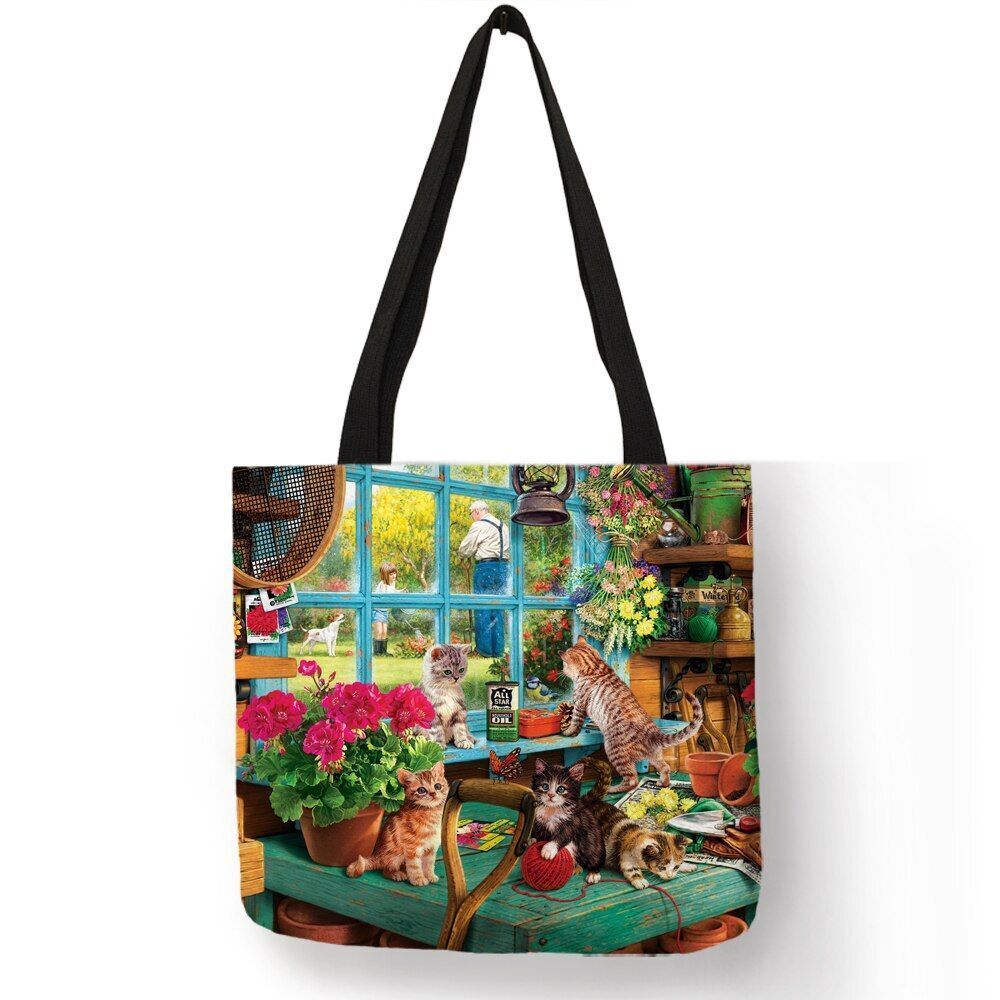 Cat Print Tote Bag Linen Reusable Shopping Bag Oil Painting Shoulder Shopper Bag