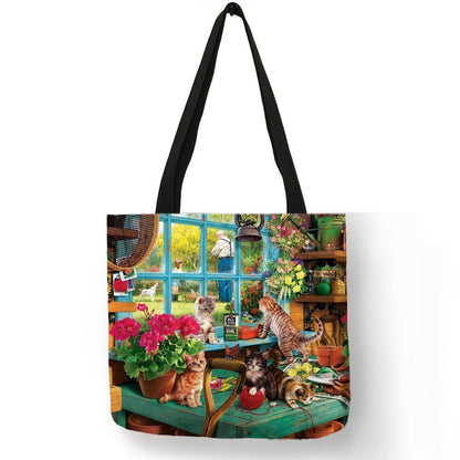 Cat Print Tote Bag Linen Reusable Shopping Bag Oil Painting Shoulder Shopper Bag