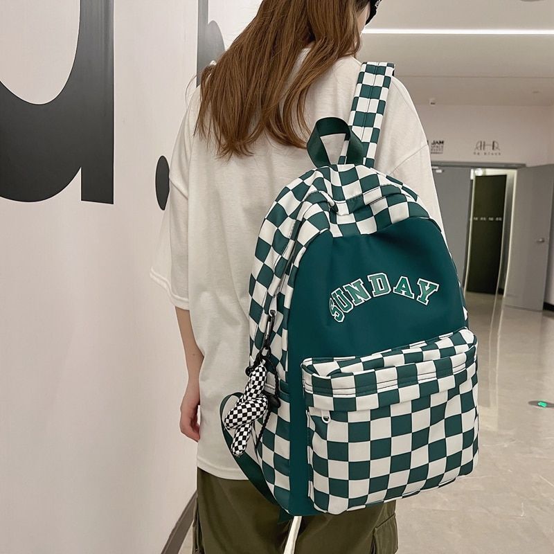 Letter Printing Women Backpack Nylon Travel Bag Fashion Plaid Schoolbag Bookbag