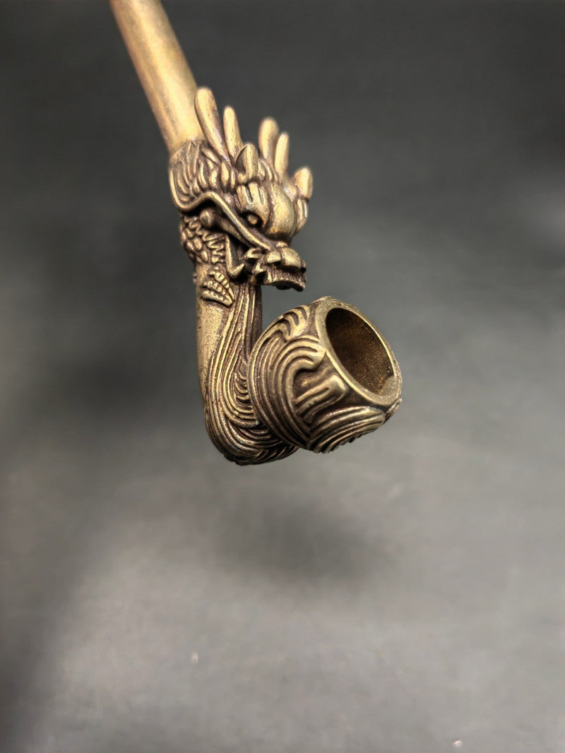 8.8"IN Chinese Collectible Hand-Carved Dragon Head Retro brass Tobacco Pipe