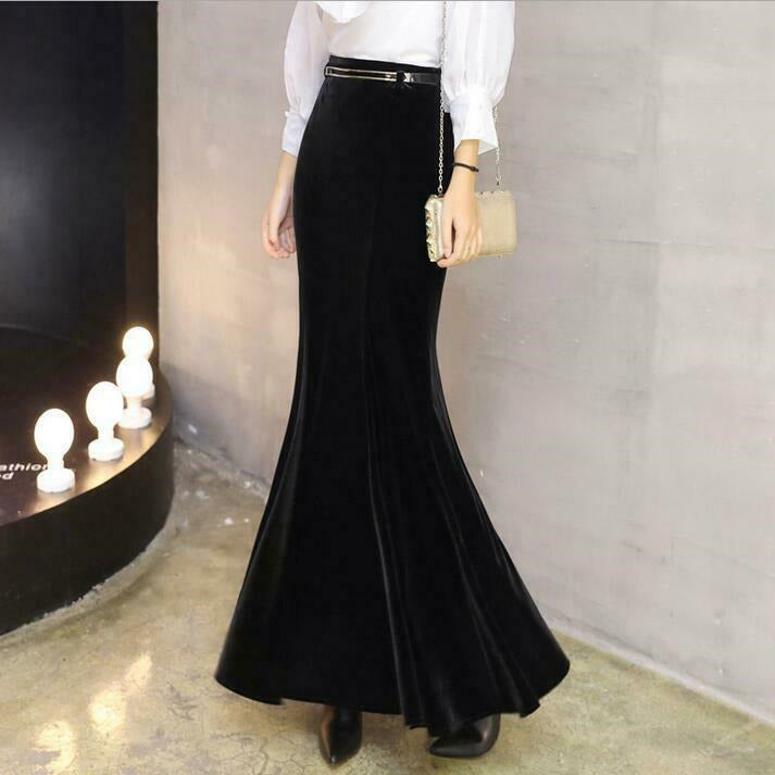 Fashion Womens Velvet Mermaid Flare Skirts Party Casual Full Long Dress Skirts