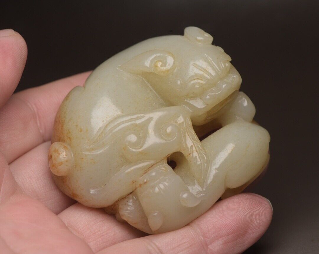 Chinese Old Natural Hetian Jade Carving Antique Beast Statue Nice Figurine Decor
