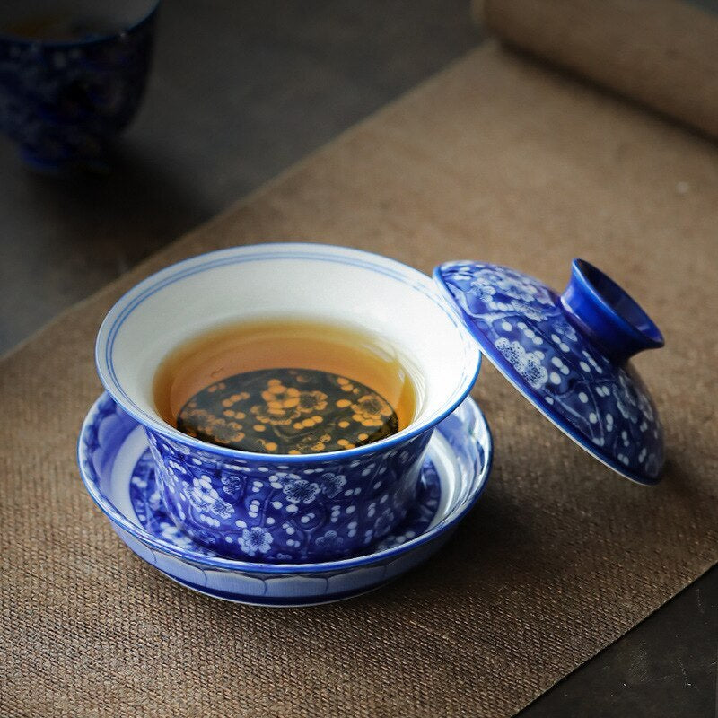 Blue and White Porcelain Gaiwan Full Color Porcelain Set Three-Piece Tea Tureen