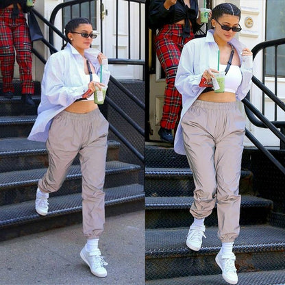 Women Pants Flash Reflective Jogger Casual Solid Streetwear Trousers High Waist