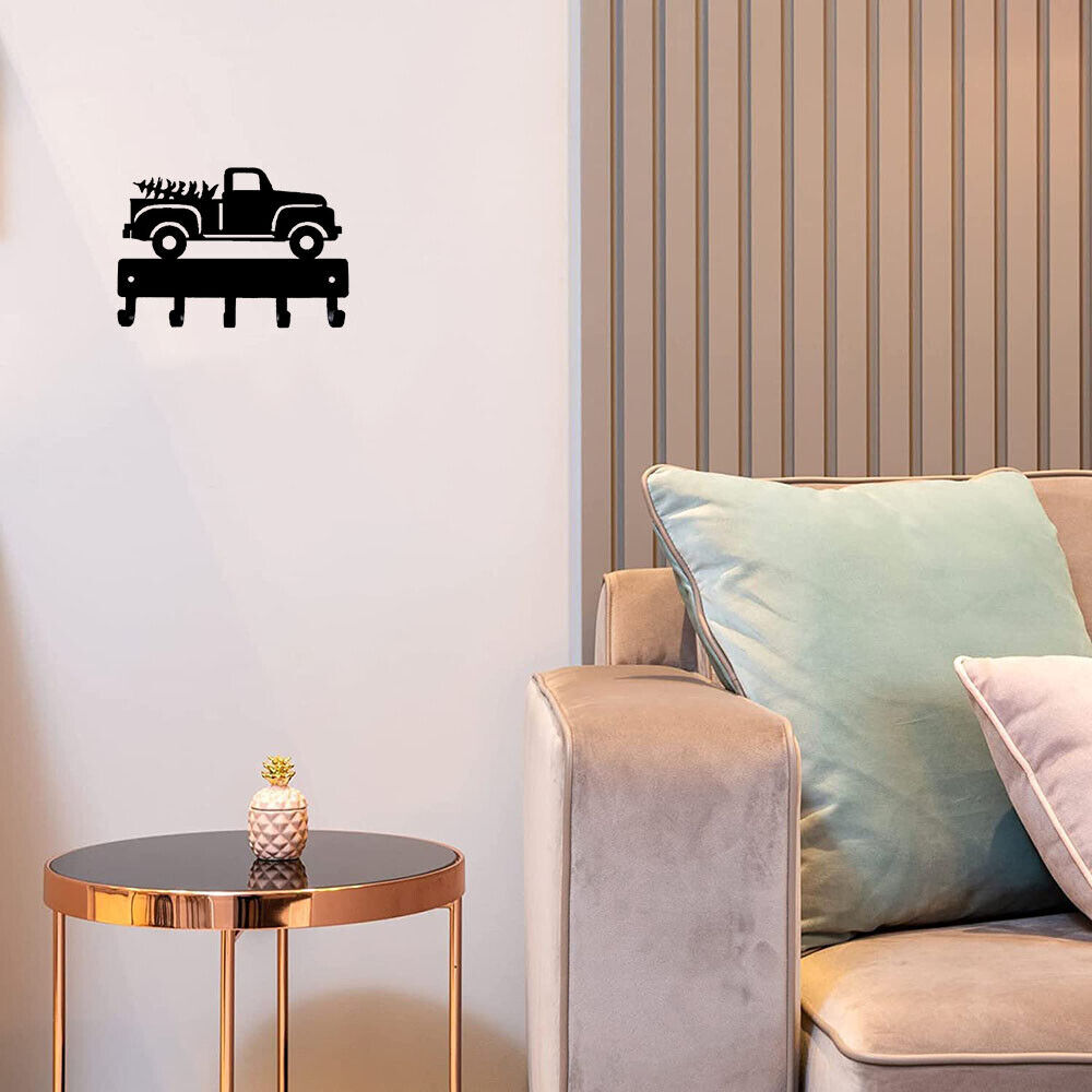 Vintage Pickup Truck & Tree - Key Rack Hanger - 9 inch Wide Metal Wall Art