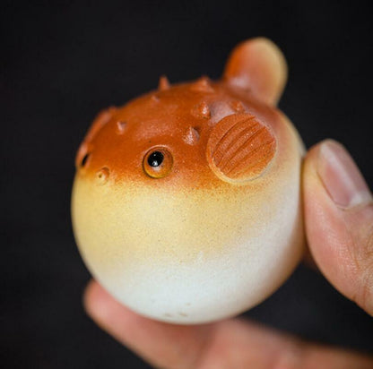 5.8cm Tea Pet Handmade Pufferfish Statue Ornaments Sculpture Yixing Purple Clay