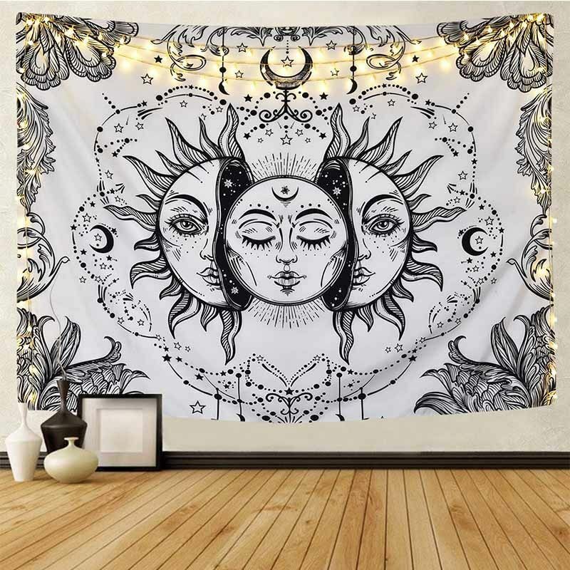 Psychedelic Tapestry White Black Sun Moon Mandala Wall Hanging Celestial Hippie
