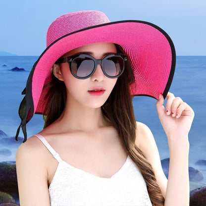 Outdoor Seaside Woman Fashion Big Bow Large Brimmed Cap Foldable Straw Hat