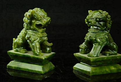 A Pair 100% China Natural Jade Hand-carved Statues Fo Dog Lion Rare