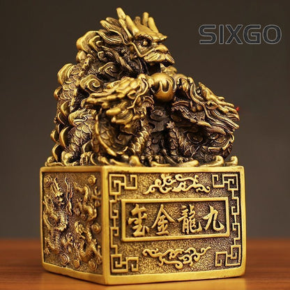 Feng Shui Copper Nine Dragons Seal Ornament Brass Dragon Seal Decoration