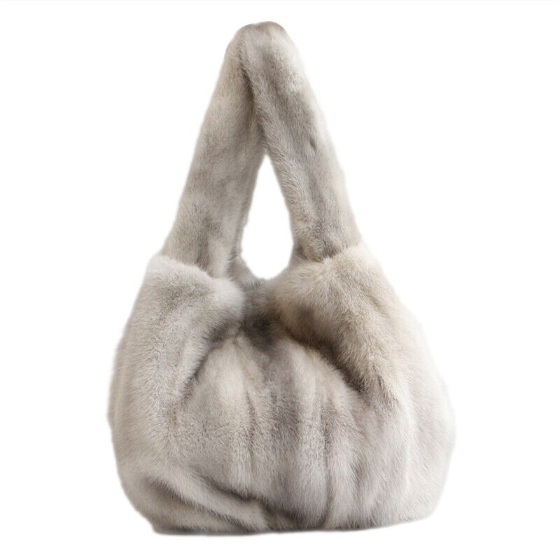 Womens Real Fur Handbag Full-pelt Mink Fur Tote Bag Genuine Sheep Leather Bottom