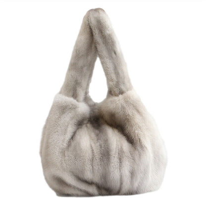 Womens Real Fur Handbag Full-pelt Mink Fur Tote Bag Genuine Sheep Leather Bottom