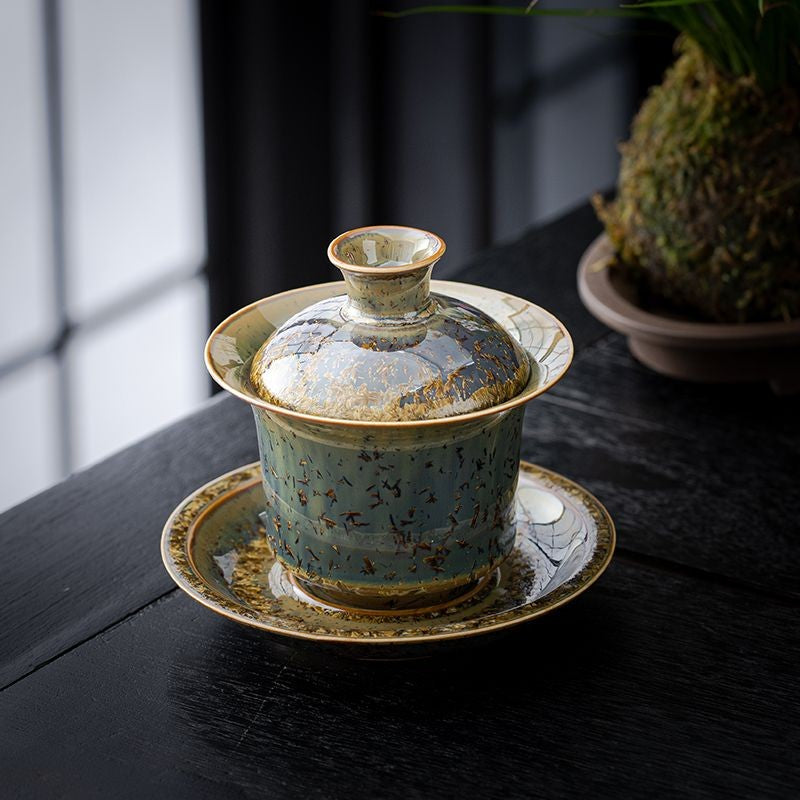 Golden Fleck Kiln Change Gaiwan 11.8cm 175ml Tea Dust Glaze Ceramic Tea Bowl