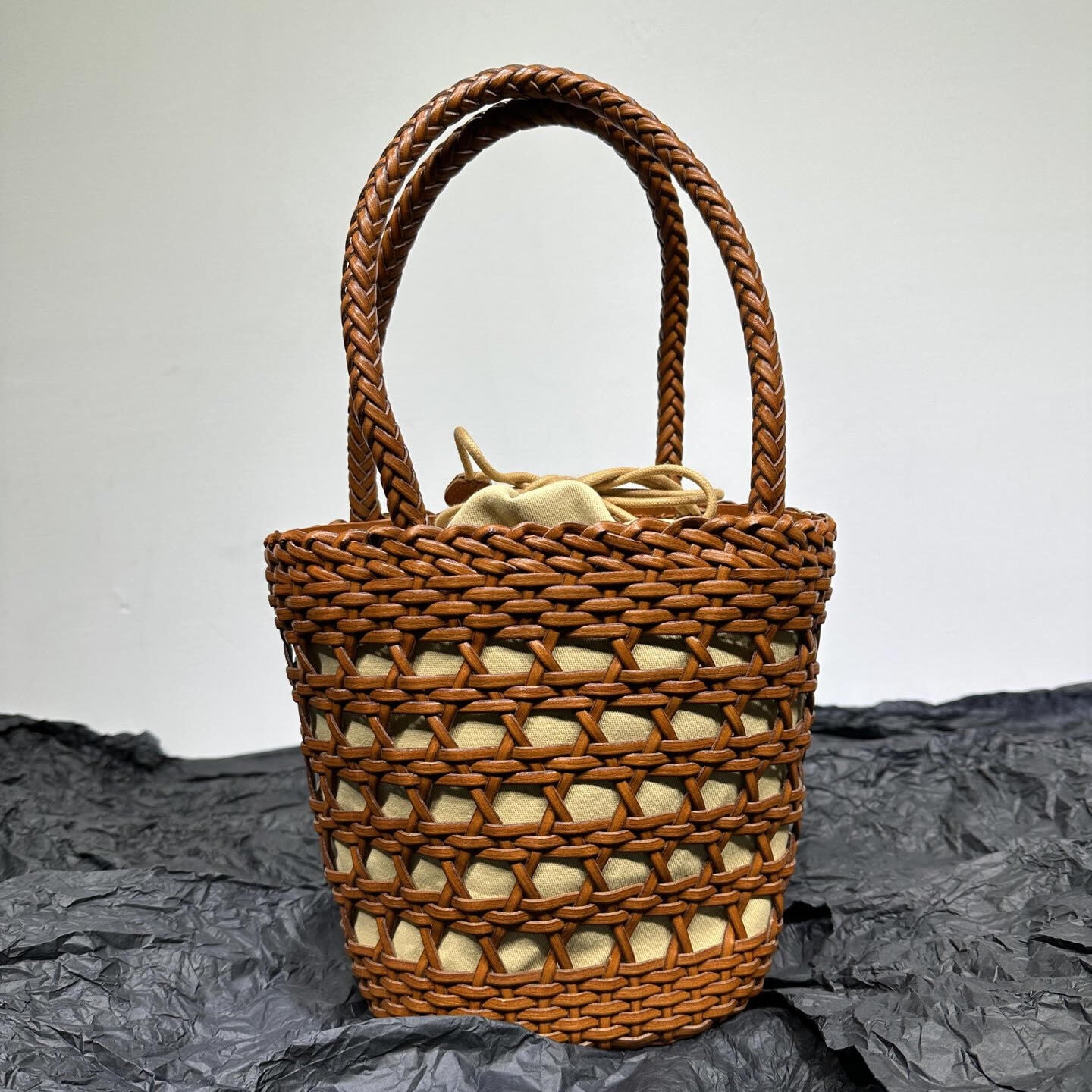Small Woven Real Leather Drawstring Basket Bag Tote Bucket Beach Shoulder Bag
