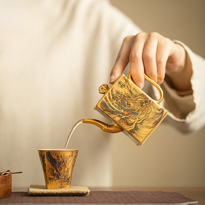 Ceramic Gilding Tea Pot Cup Antique Tea Set Dragon Print Handmade Master Pot New