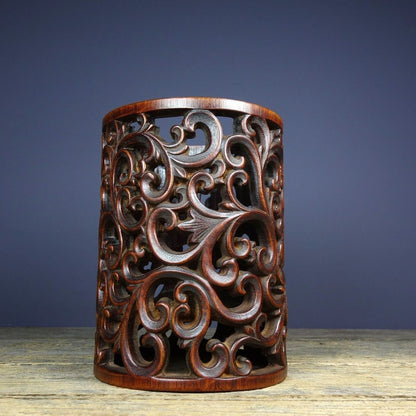 Vintage Bamboo Openwork Brush Pot 12x16cm Antique Scroll Pattern