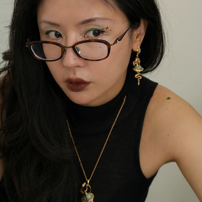 Original Design Spirit Snake Blue Earrings Retro Gold Inlaid Gem Studs