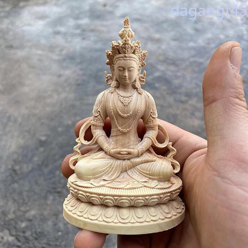 10.8*7.3*5.3cm Handmade Buddhist Boxwod Tara Buddha Carving Collect Wealth