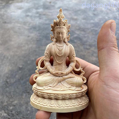 10.8*7.3*5.3cm Handmade Buddhist Boxwod Tara Buddha Carving Collect Wealth