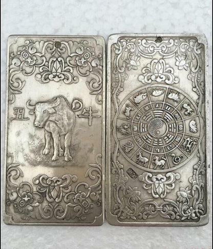 12Pc Chinese Old Ancient Twelve Zodiac Tibetan Silver Bullion Thanka Amulet Set