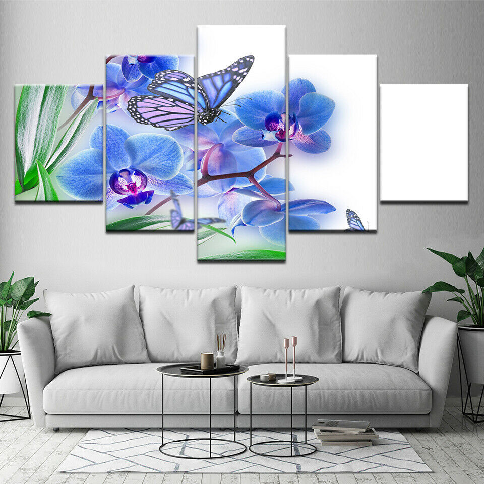 Print on Canvas HD Painting Wall Art Poster 5 panel Blue Butterfly No Framed