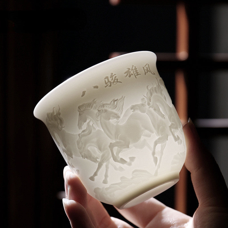 3.15" Ceramic Teacup Meditation Cup Handmade Three-dimensional Relief Tea Bowl