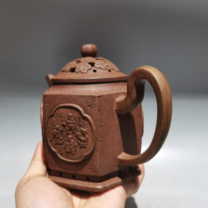 Chinese Yixing Zisha pottery hand carved Tea makers Tea Pot 品名：八仙过海 低款：曼晞陶艺