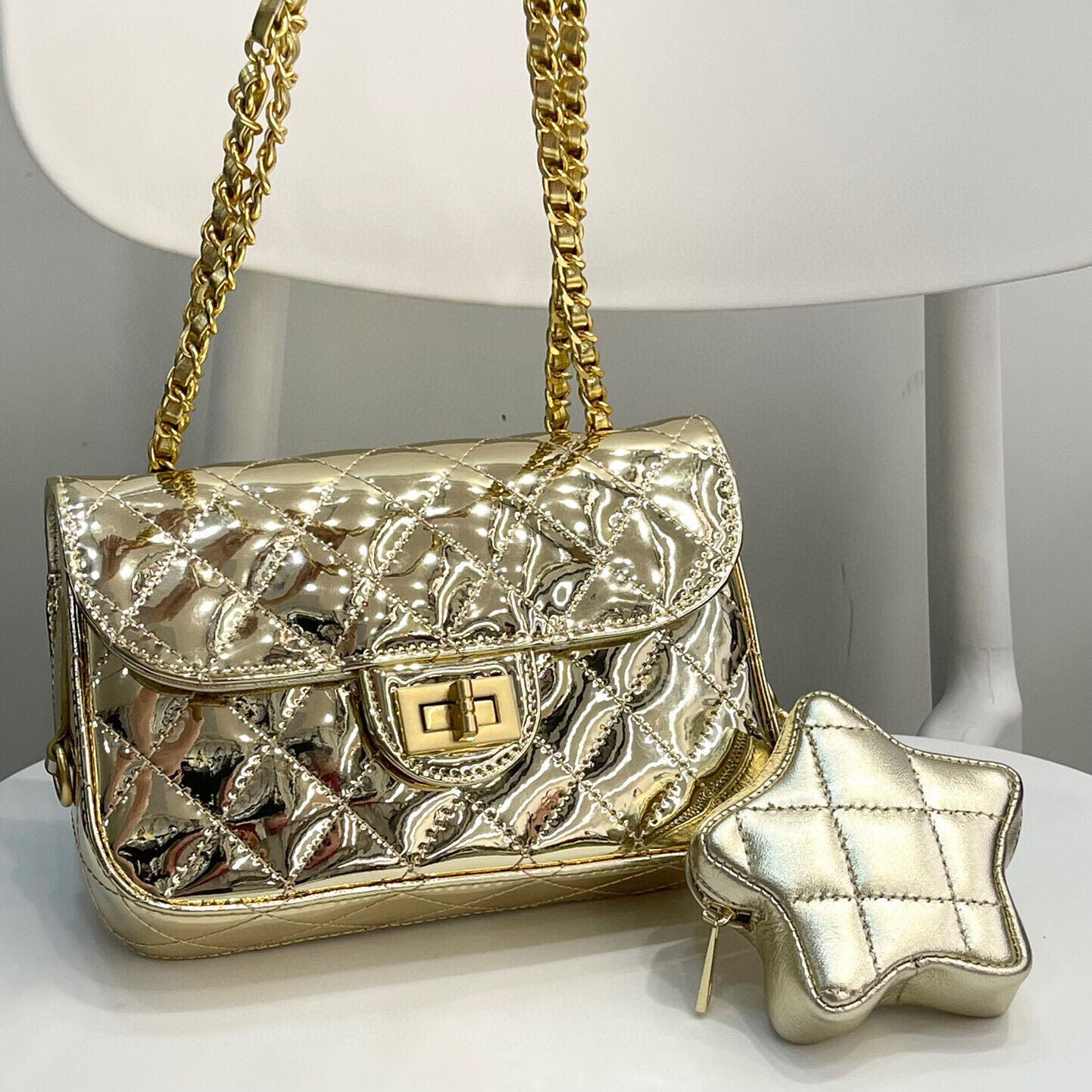 Quilted Patent Leather Small Flap Purse w/ Chain & Star Shoulder Bag Fashion
