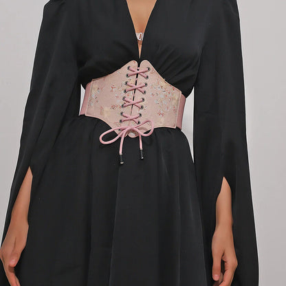Women Corsets PU Pink Wide Belts Fashion Magic Tape Bandage Lace Rope Waistbands