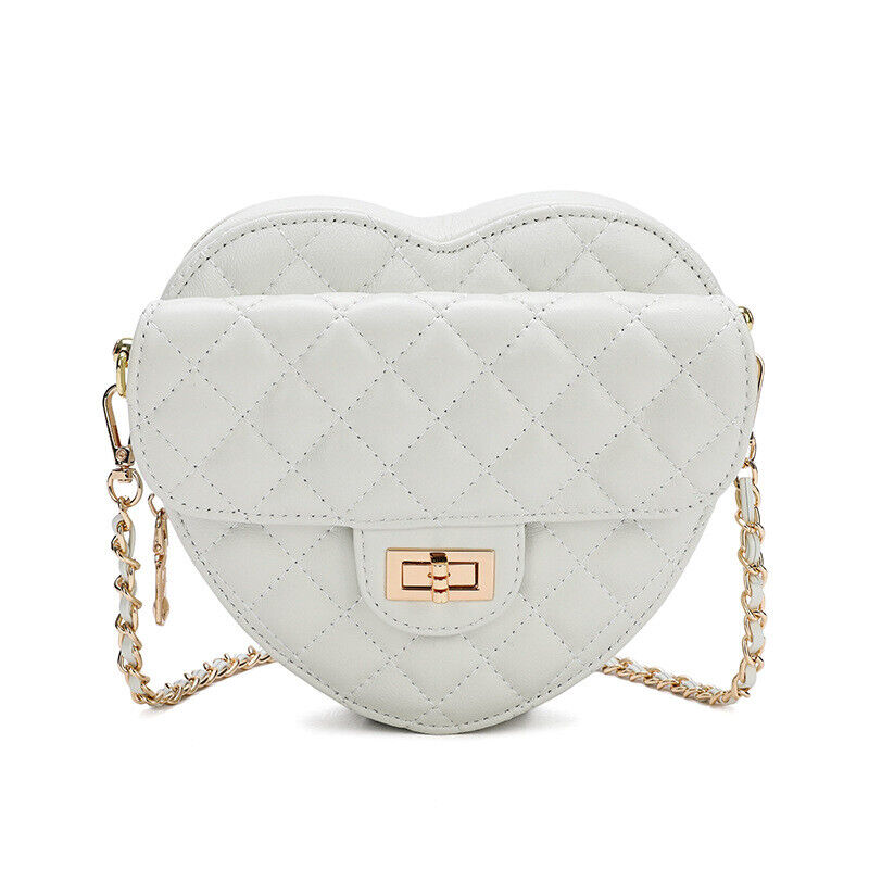 Small Mini Quilted Sheepskin Leather Heart Bag Clutch Shoulder Purse w/ Chain