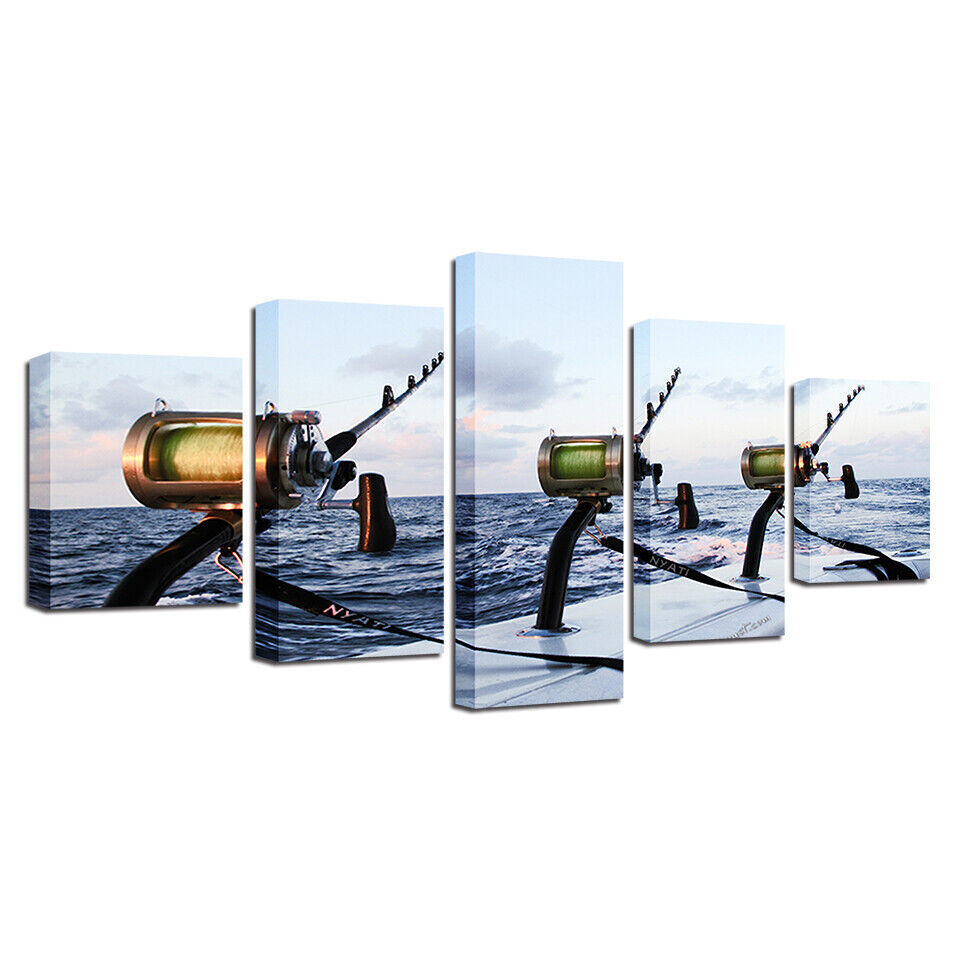 Deep Sea Fishing Rod Blue Ocean Seascape Canvas Print Painting Wall Art Decor 5P