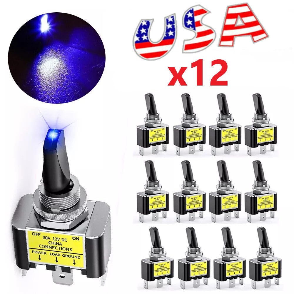 12x Blue LED Light 3Pin Rocker Toggle ON/Off Switch 30A 12V for Car Boat Marine