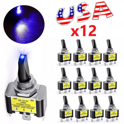12x Blue LED Light 3Pin Rocker Toggle ON/Off Switch 30A 12V for Car Boat Marine
