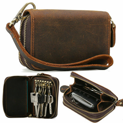 Unisex Cow Leather Key Card Holder Bag Small Wallet Zip Around Brown Coin Purse
