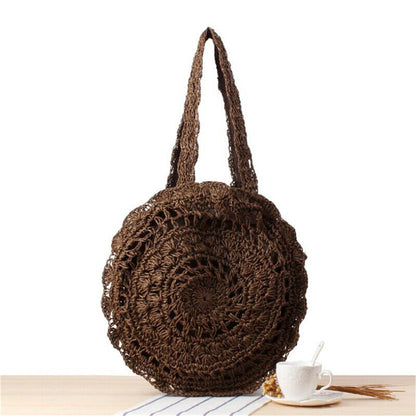 Womens Hollow-out Crochet Round Soft Straw Beach Bags One-Shoulder Shopping Bags