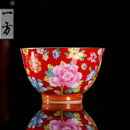 One Cup Color Enamel Craft Porcelain Tea Cup On Sales Peony Flower Print 85ml