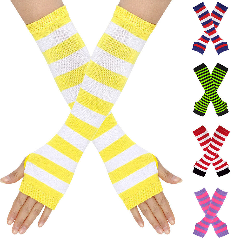 Women Striped Arm Sleeve Mittens Arm Hand Warmer Knitted Long Fingerless Gloves