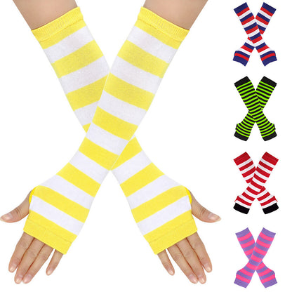 Women Striped Arm Sleeve Mittens Arm Hand Warmer Knitted Long Fingerless Gloves
