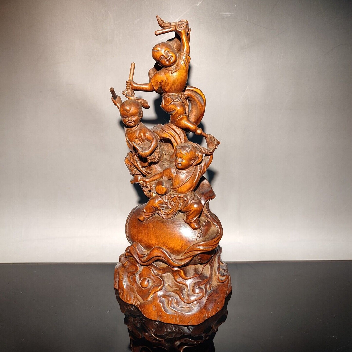 decorative sculpture happy children play drum dance anniversary gift carved wood