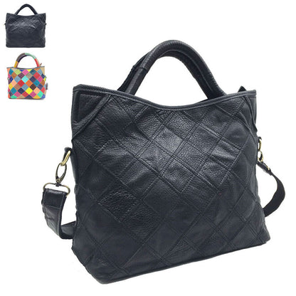 Multicolor Patch Real Leather Raw Edge Tote Shoulder Bag Purse Crossbody Handle